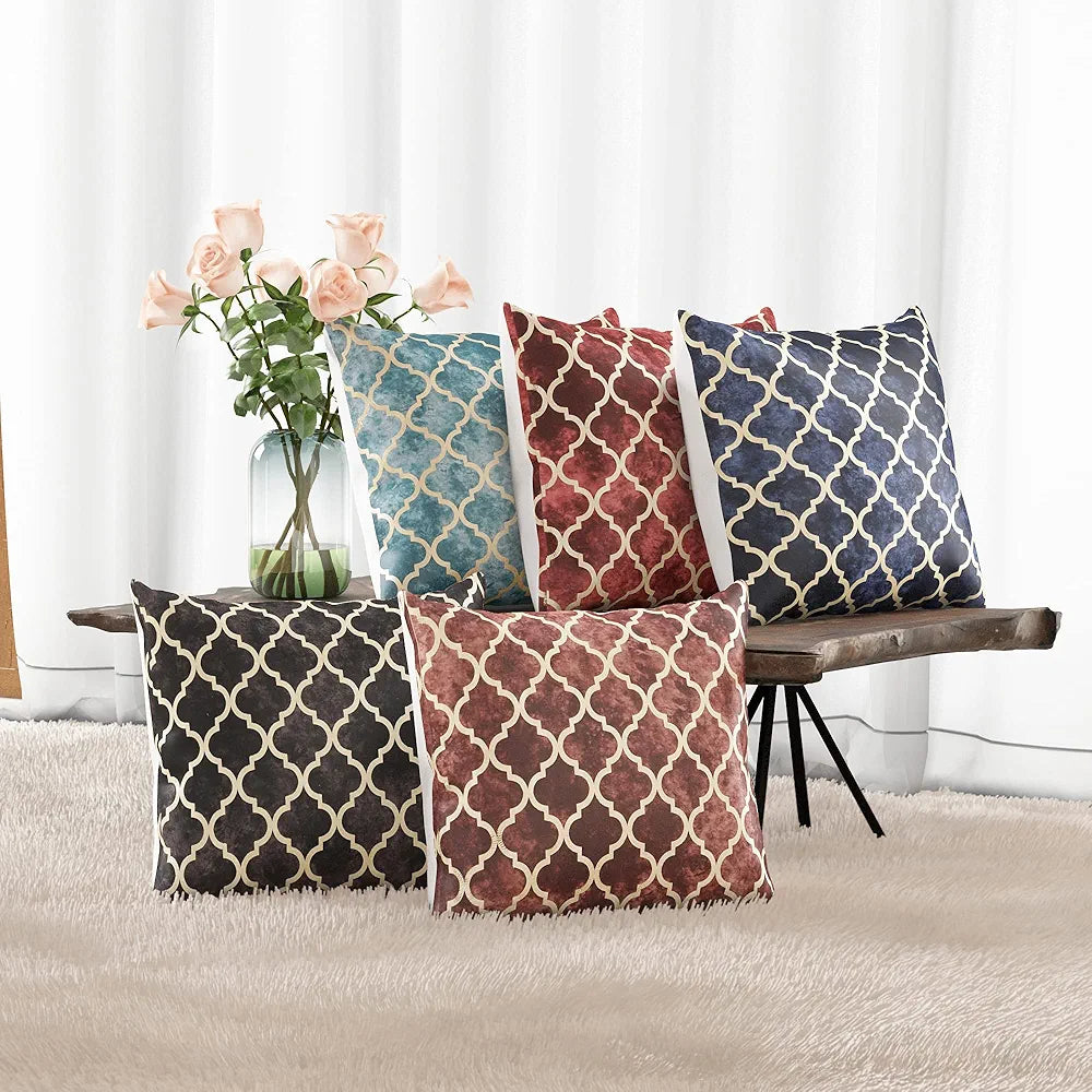 Cloth Fusion 100 TC Velvet Sofa Cushion Cover Set of 5, Decorative HD Gold Foil Cushion Cover Set 16-inch x 16-inch for Living Room